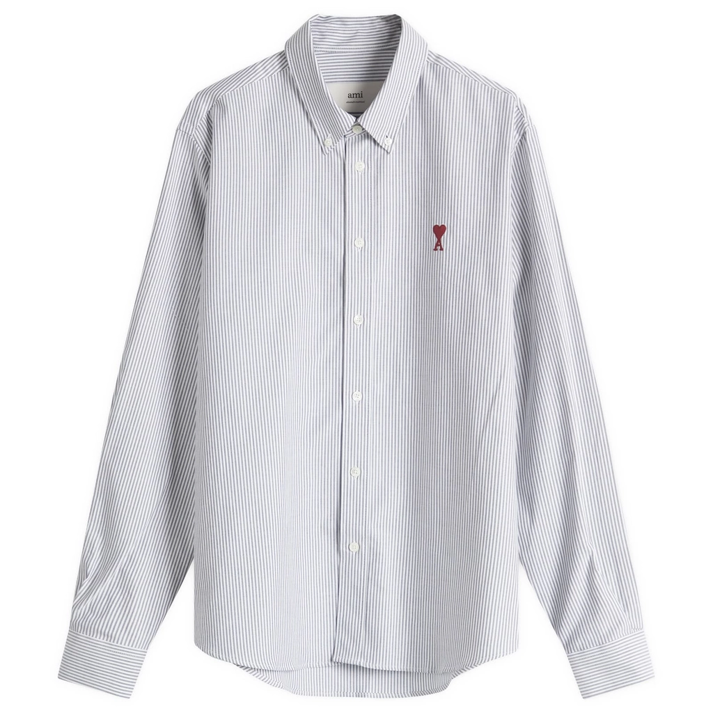 AMI Paris Men's Heart Striped Button Down Oxford Shirt Black/Natural White